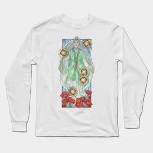 Lady of August with Peridot and Poppies Floating Obon Lanterns Water Goddess Mucha Inspired Birthstone Series Long Sleeve T-Shirt